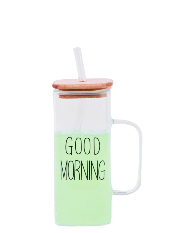 CASA HOME Good Morning Bamboo Lid Glass Mug With Glass Straw - Image 1